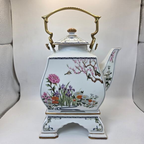 Franklin Porcelain 1986 Decorative Teapot w Stand Flowers Birds Japan FP Vintage - Picture 1 of 15